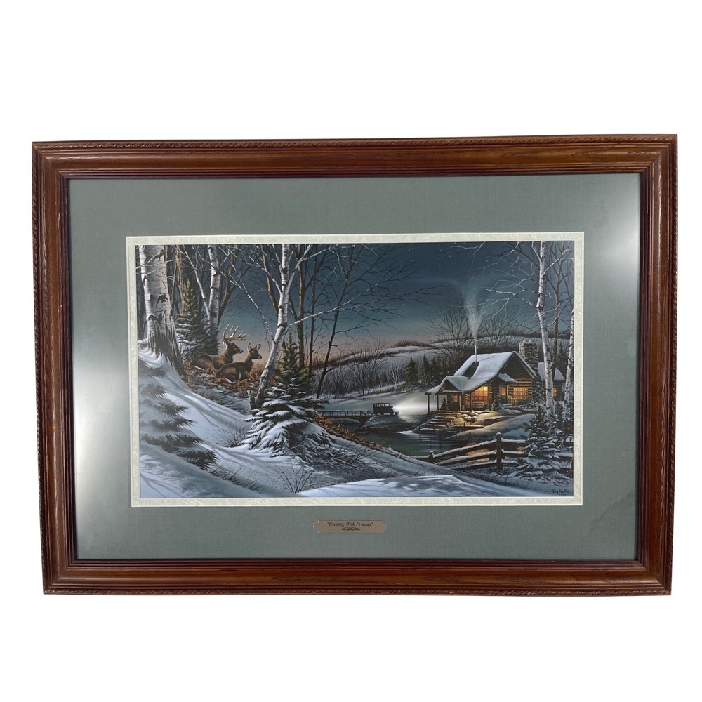 Terry Redlin Evening With Friends Framed Art Print 1989 Winter Cabin Deer Scene